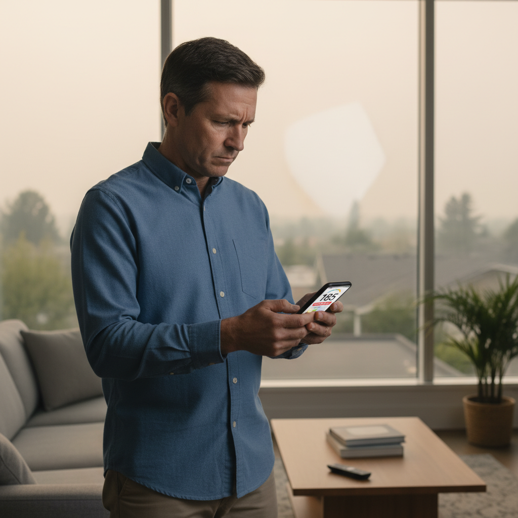 Homeowner checking air quality on phone