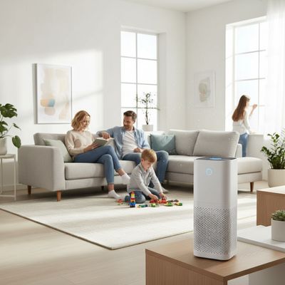 A collection of the best air purifiers for home in a clean, modern living room.