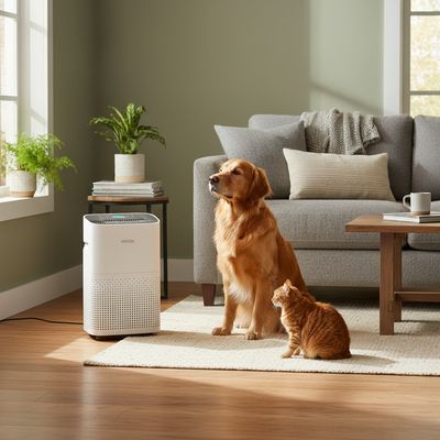 A Winix 5500-2 air purifier in a clean living room with a dog and a cat.