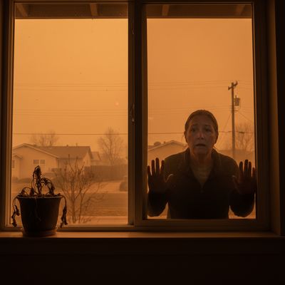 An air purifier running in a room with hazy light coming through the window, indicating wildfire smoke outside.