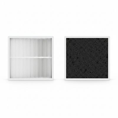 A side-by-side comparison image showing the texture of a HEPA filter and activated carbon pellets.