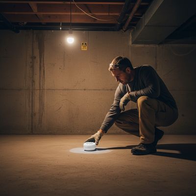 A person placing a radon test kit on a countertop in a basement.