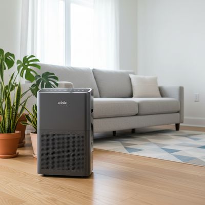 The Winix 5500-2 air purifier in a modern living room setting.